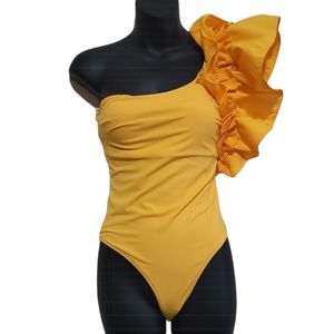 ZARA Yellow Ruffle One Shoulder One-Piece Swimsuit Sz Small  NWT